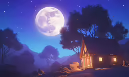 a tiny cabin on a hill with a full moon in the background