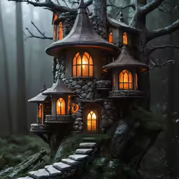 a tree house is lit up in the forest