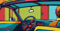 the man is driving the car in a retro style,an image of a man behind the wheel