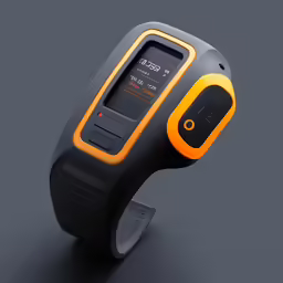 a wrist watch with an orange lcd display on the top