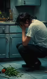 a man kneeling down on the kitchen floor with vegetables