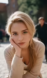 a beautiful blond woman sitting down while looking at the camera