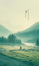 a lone man walking across a large field