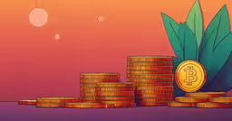 an illustration of a stack of stacks of money with bitcoins in the background,a stack of money next to a pile of coins