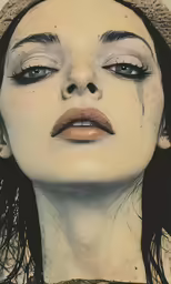 a woman with makeup on and a brown hat on