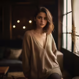 a woman is looking out of a window