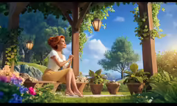 a woman sitting on a bench in the middle of flowers