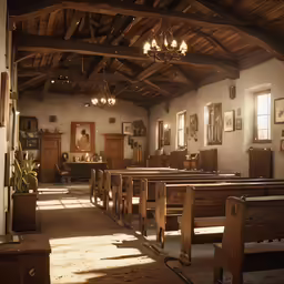 there are rows of benches in the church