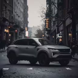 an suv driving down a dark street next to tall buildings
