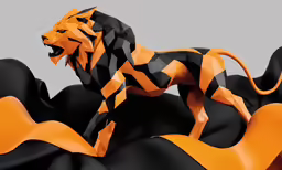 an orange and black lion statue next to a wall