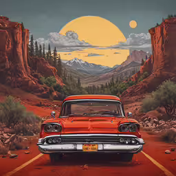 an old car is shown driving down a road with mountains in the background,an orange classic car parked on a desert road