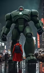 a giant robot standing in the middle of a city at night