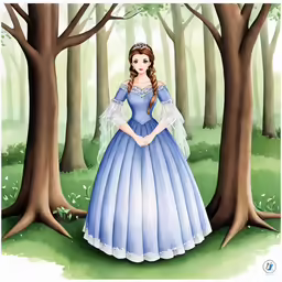 a little princess in a blue dress standing next to a tree