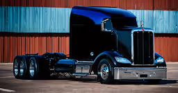 a big rig truck parked next to a blue building,a big black truck is parked next to the fence