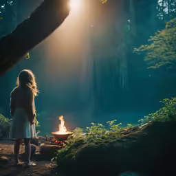 a woman standing in a forest, with her hands in the fire