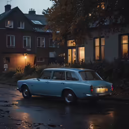 a blue classic car parked in front of a house