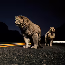 two lions walk along the side of a road at night