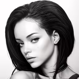 a woman with long black hair and an piercing