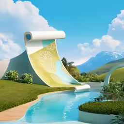 a pool and slide designed to look like a wavy boat