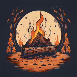 the illustration shows an orange and yellow fire pit and trees,the bonfire is burning over a wood in front of trees