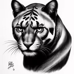 a black and white drawing of a tiger