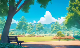 an image of park scene with bench and street light