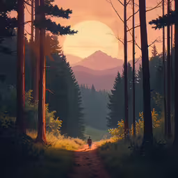a man is walking down a dirt path into the woods,a man walks in the middle of the woods at sunset