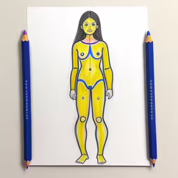 a drawing of a woman in yellow is featured on a piece of paper,an adult female figure is painted in yellow and blue