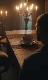 a man sitting at a table looking off into the distance