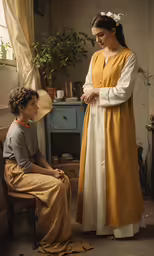 woman in dress standing near girl wearing white