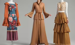 three dresses and a coat are on display
