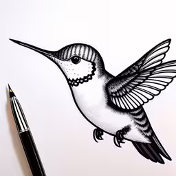 a bird that is drawn in black and white,a bird is sketching with sharp point markers