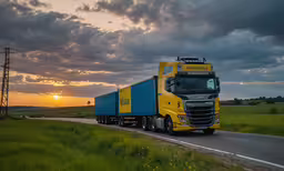 a semi truck is traveling along the highway,the big truck drives on the highway as the sun sets