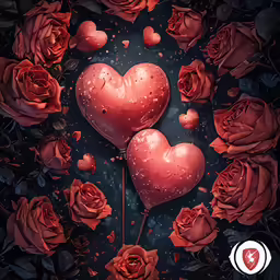 two hearts with flowers around them surrounded by water droplets