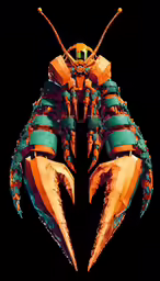 a large orange and turquoise insect on a black background