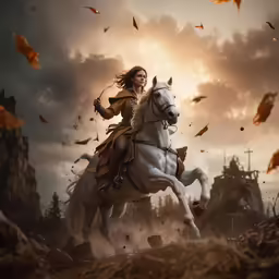 an illustration of a woman riding on the back of a white horse