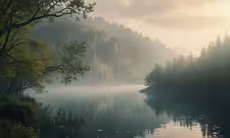 a lake with trees on both sides of the shore