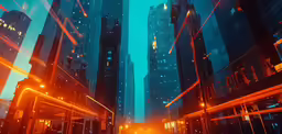 a city street with skyscrapers and neon lights