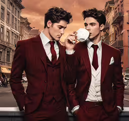 two young men in matching red suits drinking from a cup,two young men standing next to each other wearing suits and ties
