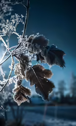snow flakes hang from a leafed branch in a winter landscape