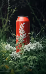 a can sitting in the middle of a field of flowers