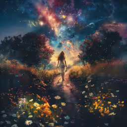 a painting of a person walking towards a field with flowers,there is a woman walking towards an abstract painting