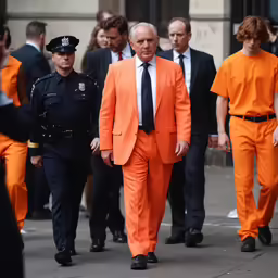 a man in an orange suit and some other men