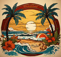 a hand drawn image of palm trees and the ocean with the sun in the background,a painting of a sunset and a tropical scene with palm trees