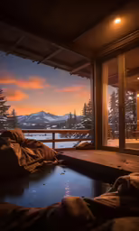 a cold in winter bedroom with a view of mountains