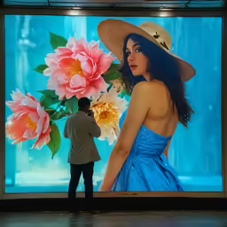 a woman in a hat and dress standing near a flower display
