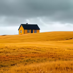 an yellow house on the side of a hill