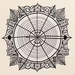 drawing of the center point of a flower with multiple petals and leaves,a black and white drawing of leaves inside a circle,a drawing with a pen on paper of leaves,an old paper with a circular design and leaves,an illustration of a circle of leaves