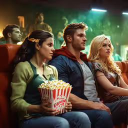 three people sit on a sofa watching a movie,the movie actors sit together on a couch