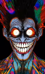 a creepy clown with glowing eyes in the dark